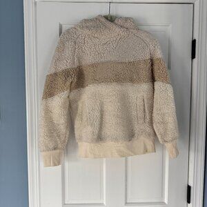 Rewash Sherpa Hoodie Womens Small Colorblock Fleece Cozy Pullover Cream Tan